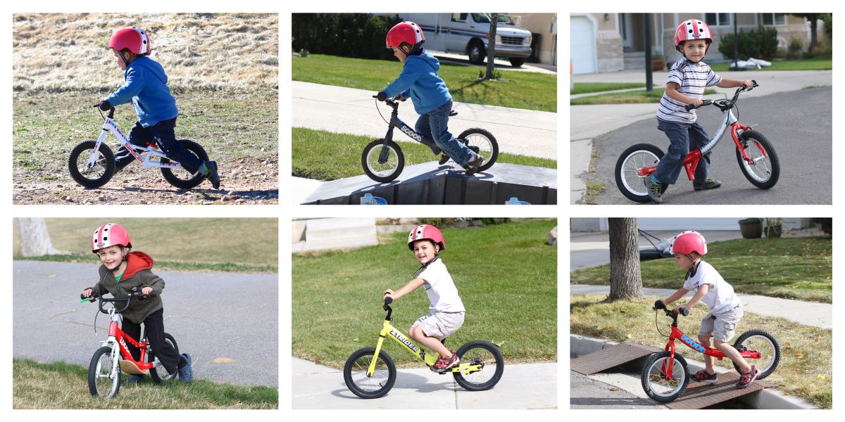 collage of a 5 year old riding different balance bikes