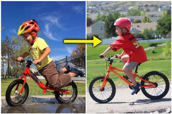 collage of a child riding a balance bike and then a pedal bike
