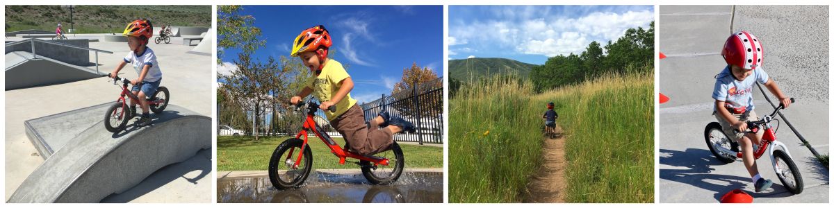 toddler riding balance bike in cool places: on a ramp at a skatepark, through puddles, down a single track trail, through cones set out on the sidewalk