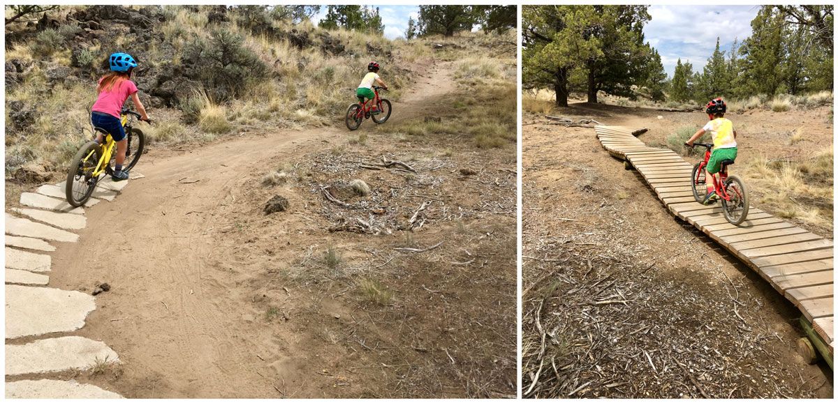 Kids riding mountain bikes up a mountain trail and over a wood slat trail park feature in Bend Oregon Bike Park.