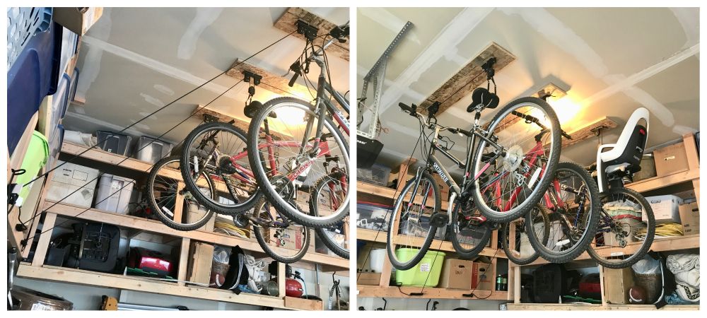 Racor ceiling bike hoist installed in garage and holding three different bikes.