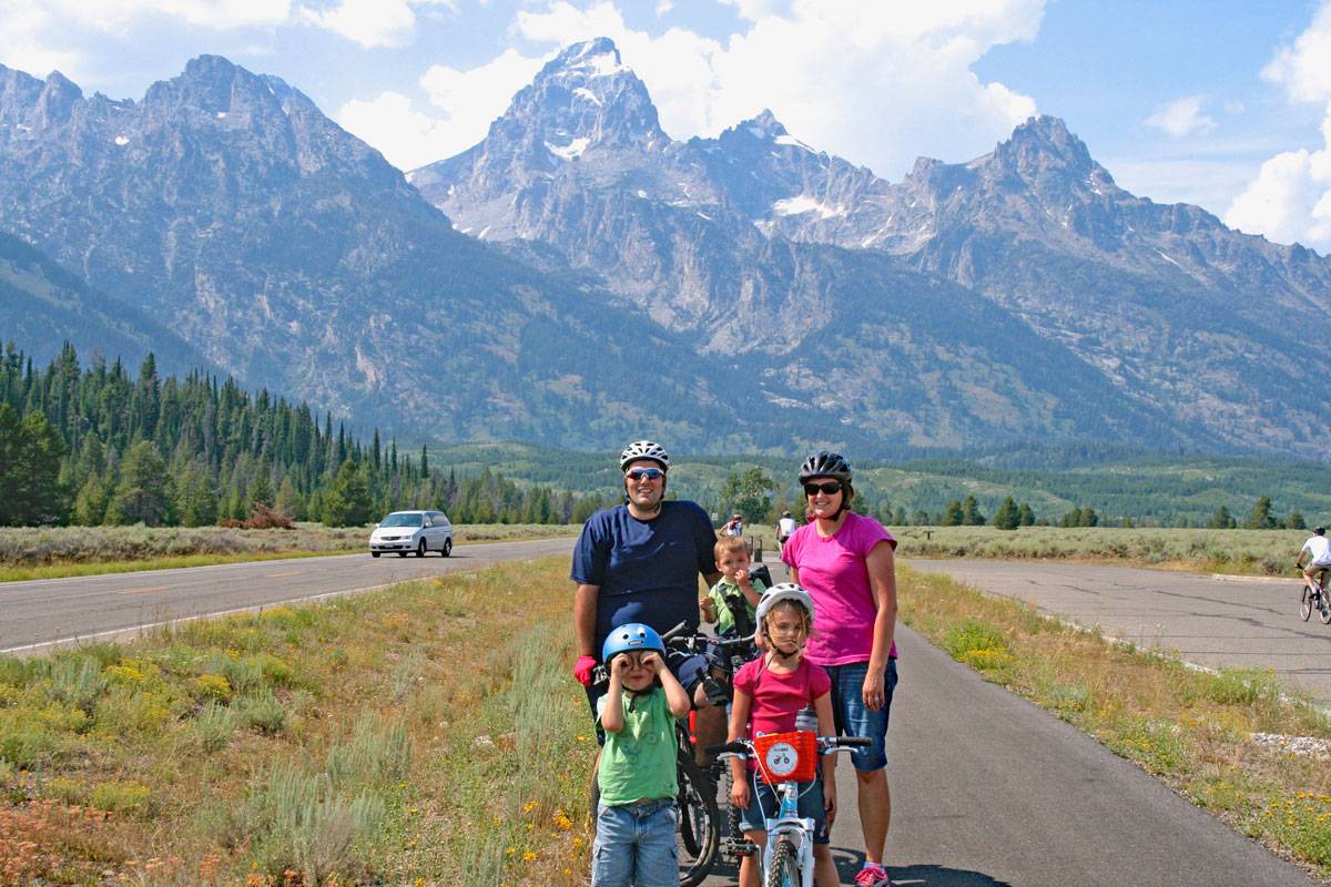 Family biking at Teton National Park.