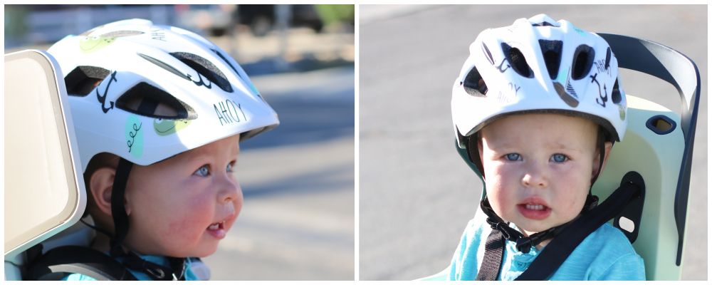 Baby wearing the BoBike Kids Plus XS baby helmet.