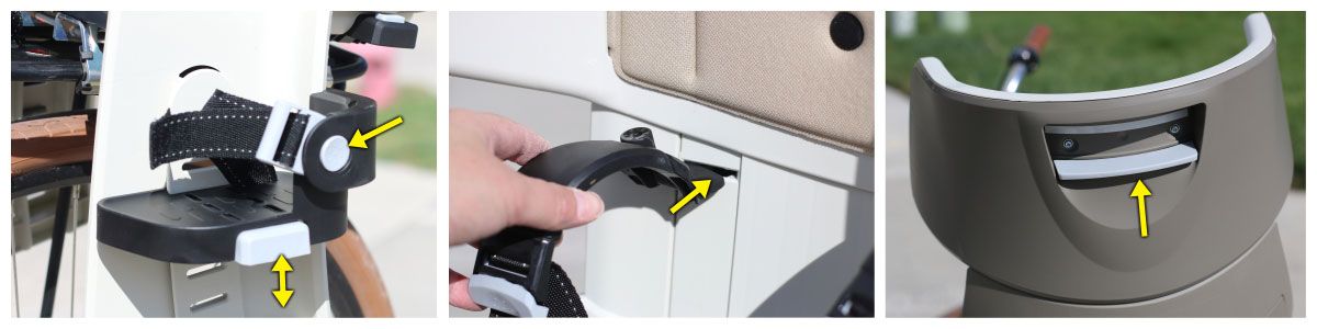 Up close images of foot rest with easy-to-use foot straps on BoBike Exclusive Tour child bike seat.