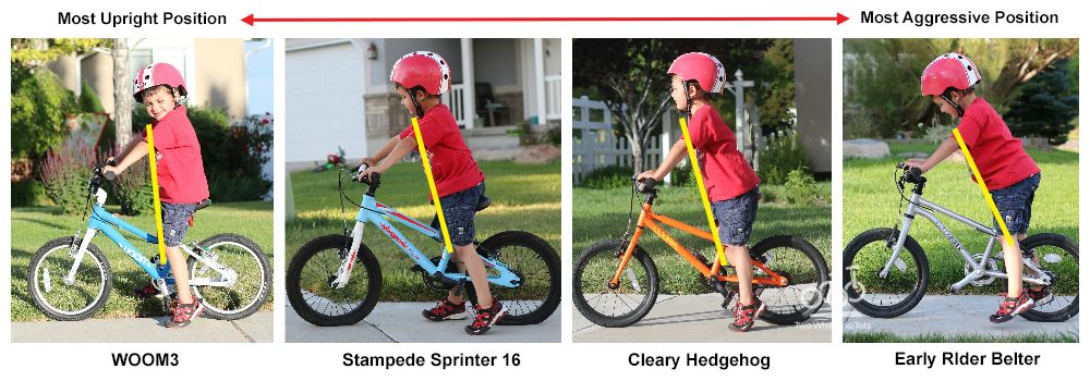 Example of four 16 inch bikes from most upright position to most aggressive or leaned forward position. 5-year-old boy is on the bikes.