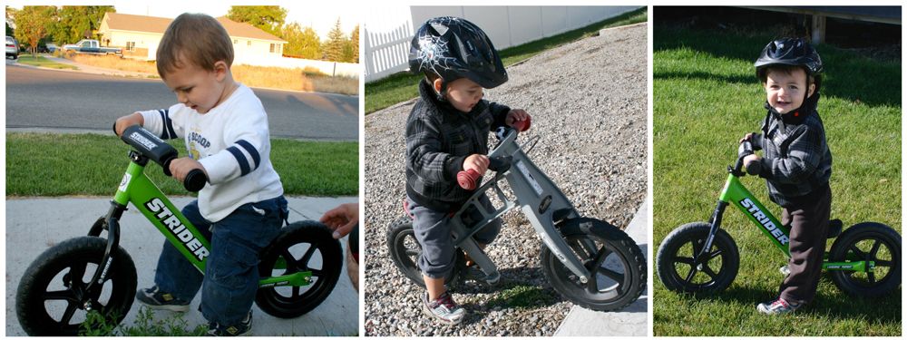 Collage showing a child standing and walking over a balance bike.