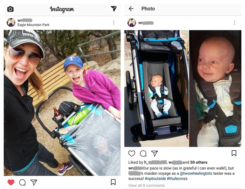 Instagram screen shots of Thule Cross with Thule Infant Sling with infant inside on a hike with mom and sister