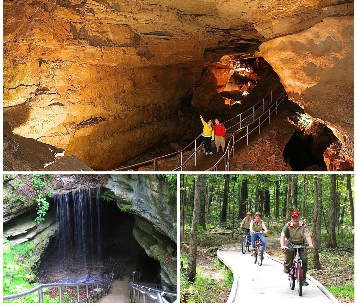Mammoth Caves National Parks - underground cave and kids riding bikes on a trail