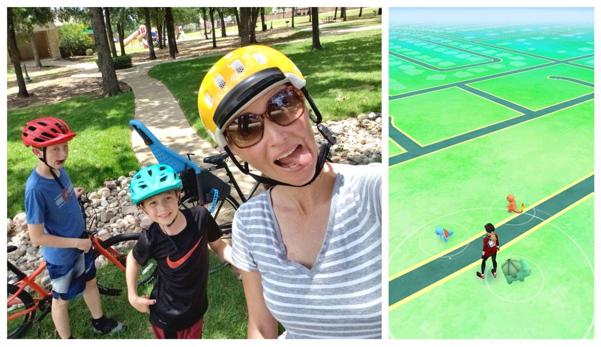 2 boys playing Pokemon Go by bike with their mom