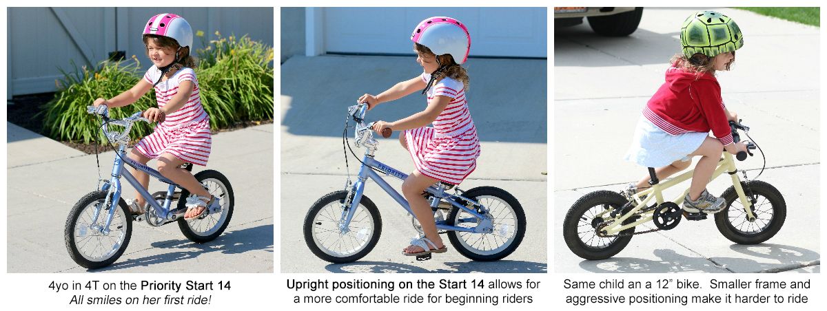 Two images showing a 4 year old in 4T clothes riding the Priority Start 14. It's a great fit and allows her to site upright which is more comfortable for beginning riders. A 3rd image shows the same rider on the Cleary Gecko 12". That bike's smaller frame and aggressive body positioning make it harder to ride.