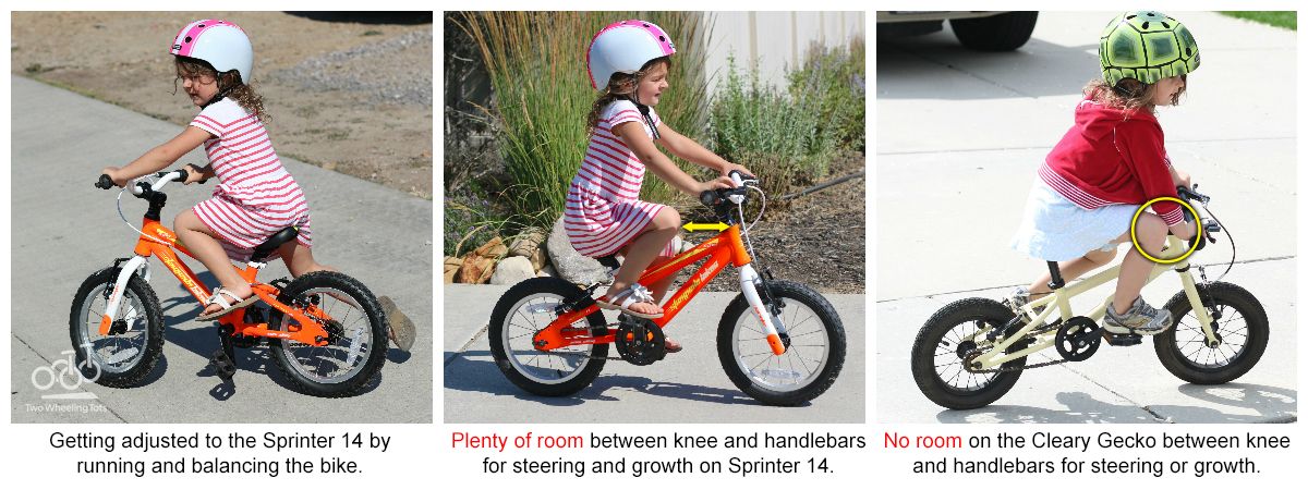 Collage of three images: 1) 4-year-old adjusting to the Sprinter 14 by running and balancing the bike, 2) 4-year-old on Sprinter 14 showing plenty of room between her knee and the handlebars for steering and room for growth, 3) Same rider on the Cleary Gecko 12" with no room between the knee and handlebars for steering or growth.