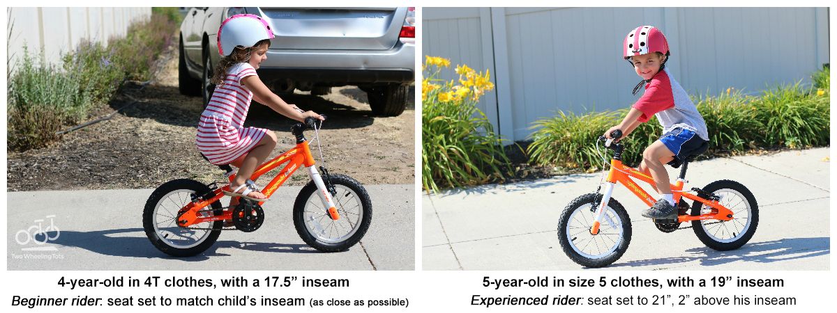 Side by side comparison of two riders on a Stampede Sprinter 14: 4-year-old in 4T clothes with a 17.5" inseam and a 5-year-old in size 5 clothes with a 19" inseam. A beginner rider should have the seat height set to match the child's inseam as closely as possible, while an experienced rider should have the seat set 2" above his inseam.