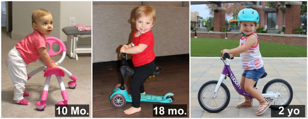 collage showing a toddler progress on three different ride on toys
