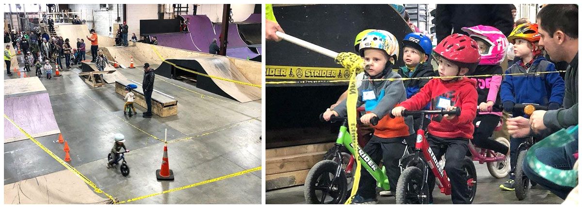 Balance bike races at The Factory Indoor Bike Park in Minneapolis. Toddlers waiting at the starting line on their Strider bikes and toddlers weaving through the course.