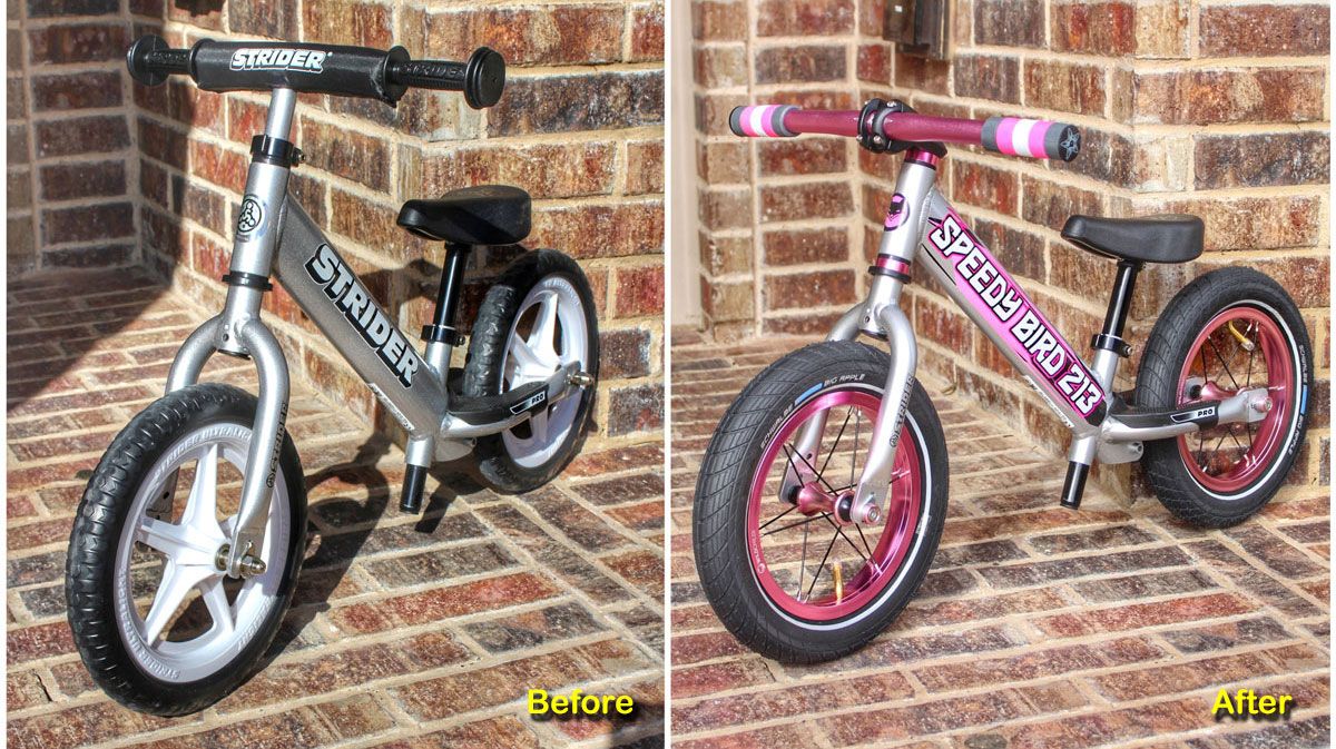 Before and after shot of original Strider Pro silver and then upgraded with pink and black parts and air tires from Wild Child Bikes