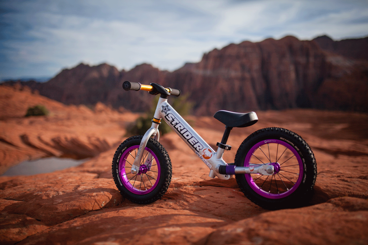 Strider balance bike with Wild Child upgrades set against the redrock backdrop of Snow Canyon in St. George, UT