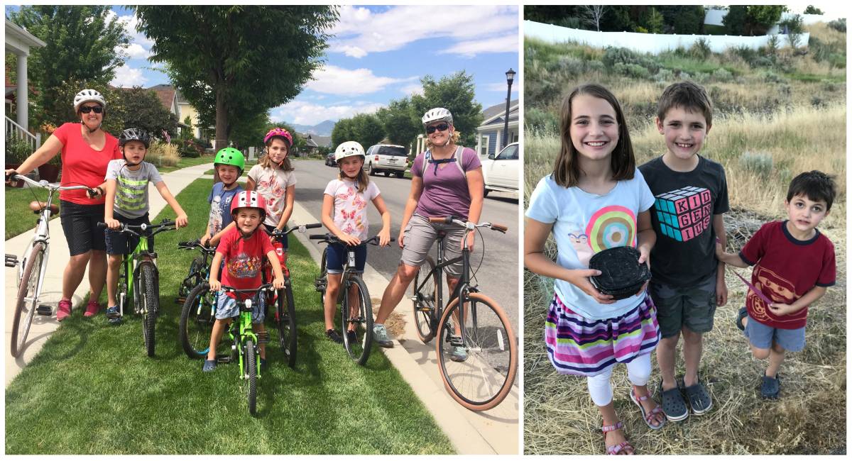 Group of moms and kids on geocaching by bike