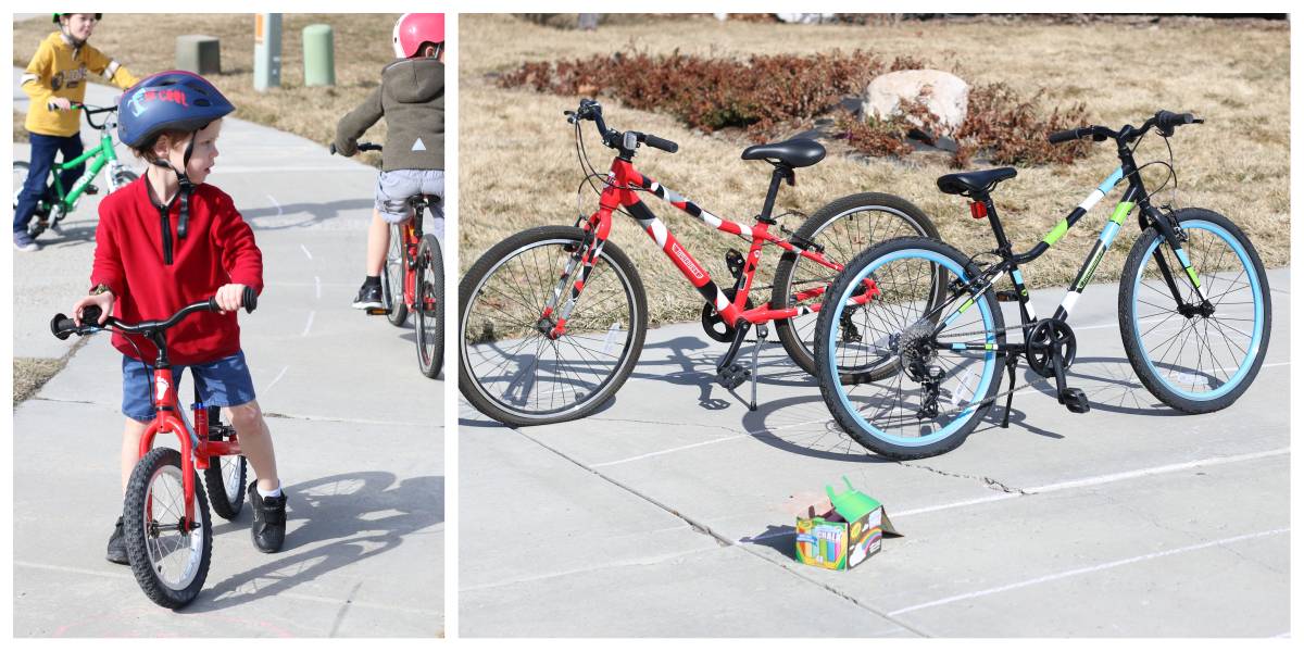 Kids riding their bikes in a sidewalk chalk course
