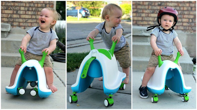 1 year old riding a Chillafish Trackie toddler bike ride on toy. Collage showing as rocker, as walker, and as ride-on toy.