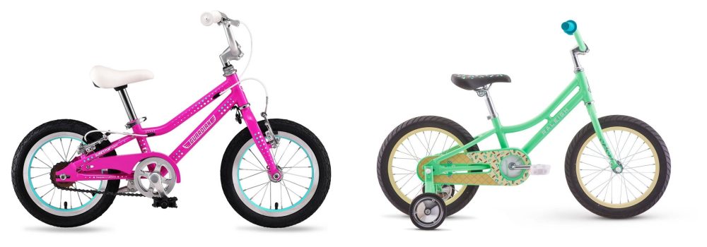 side by side image of a pink Guardian and green raleigh girls bike with 16 inch tires
