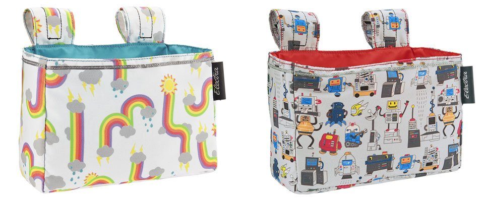 Electra velcro handlebar bags for kids. Rainbow and cloud design for girls, robot design for boys.