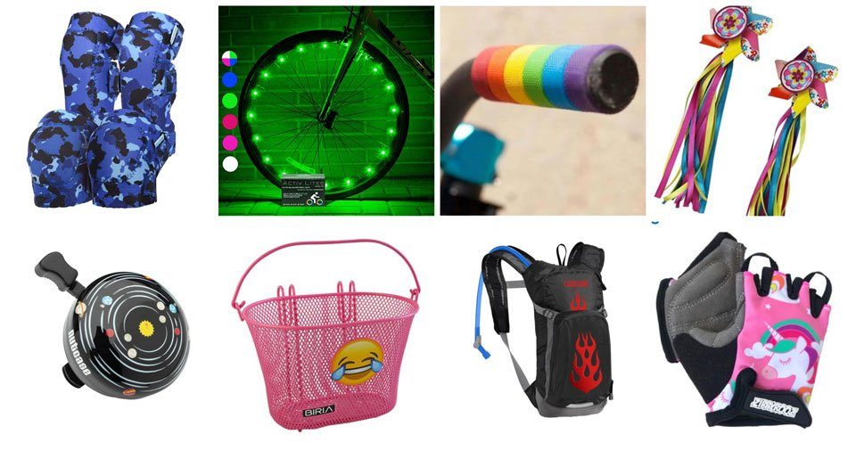 Collage of different kids bike accessories including knee pads, grips, streamers, baskets, gloves, and a bell.