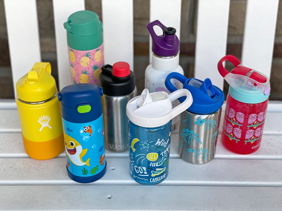 Group shot of eight different kids water bottles that we used for out testing process.