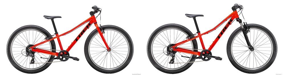 side by side image of the trek precaliber 8-speed and the trek precaliber with suspension