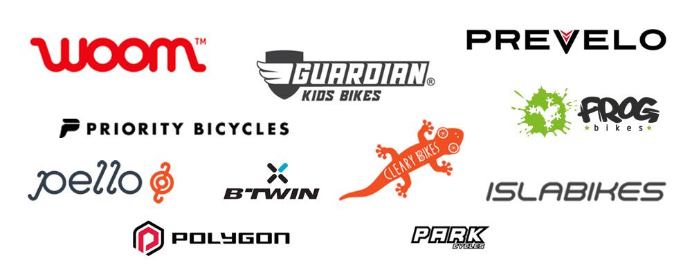 collage of logos of the best kids bikes brands