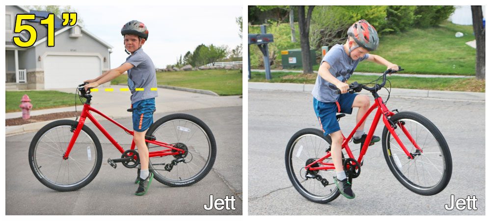 9 year old riding the Specialized Jett kids bike, he barely fits on it