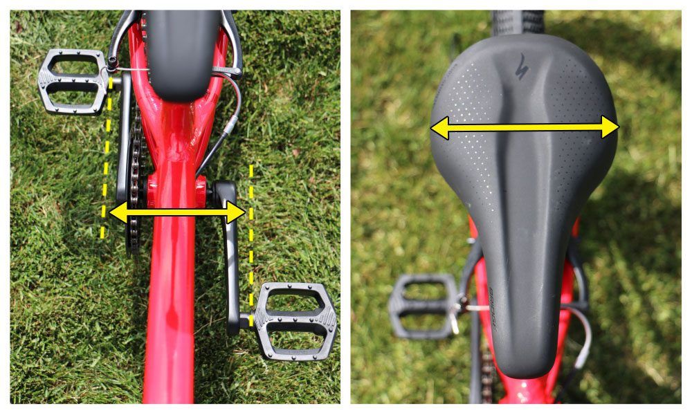 image showing the narrow q-factor and narrower seat found on the Specialized Jett kids bike