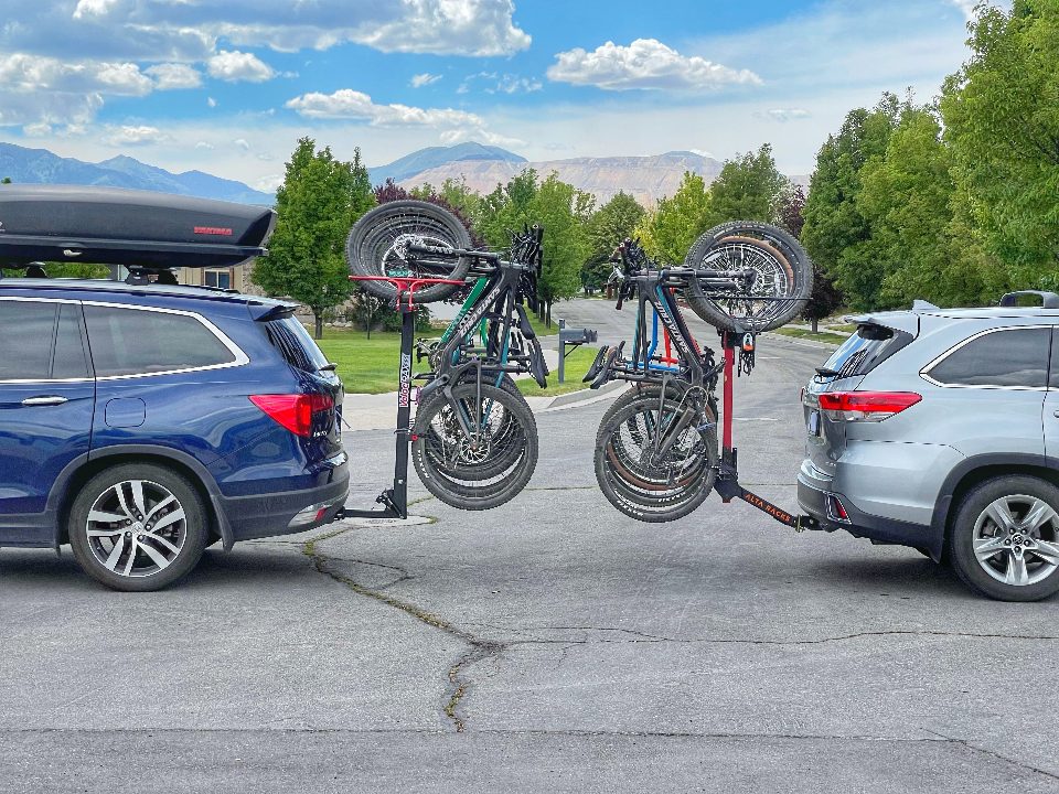 165LB Capacity Foldable 4-Bike Hitch Carrier Rack for Car BougeRV Hitch Bike Rack Locking Feature Easy Assembly with 2'' Hitch Receiver fit for SUV and Truck Pull for Trunk Access 