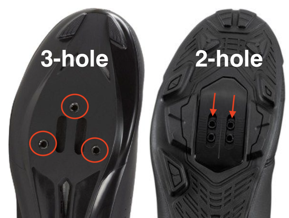image showing the difference between 3 and 2 hole cycling shoes for the peloton bike