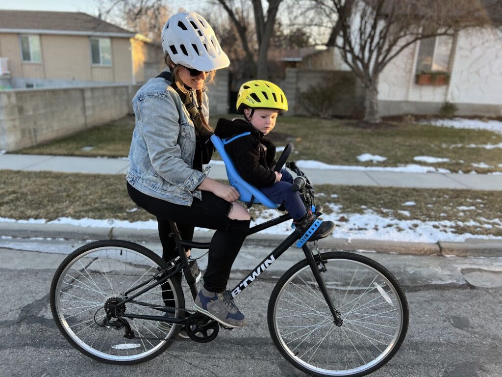 2.5-year-old riding on the Thule Yepp Mini Child Bike Seat