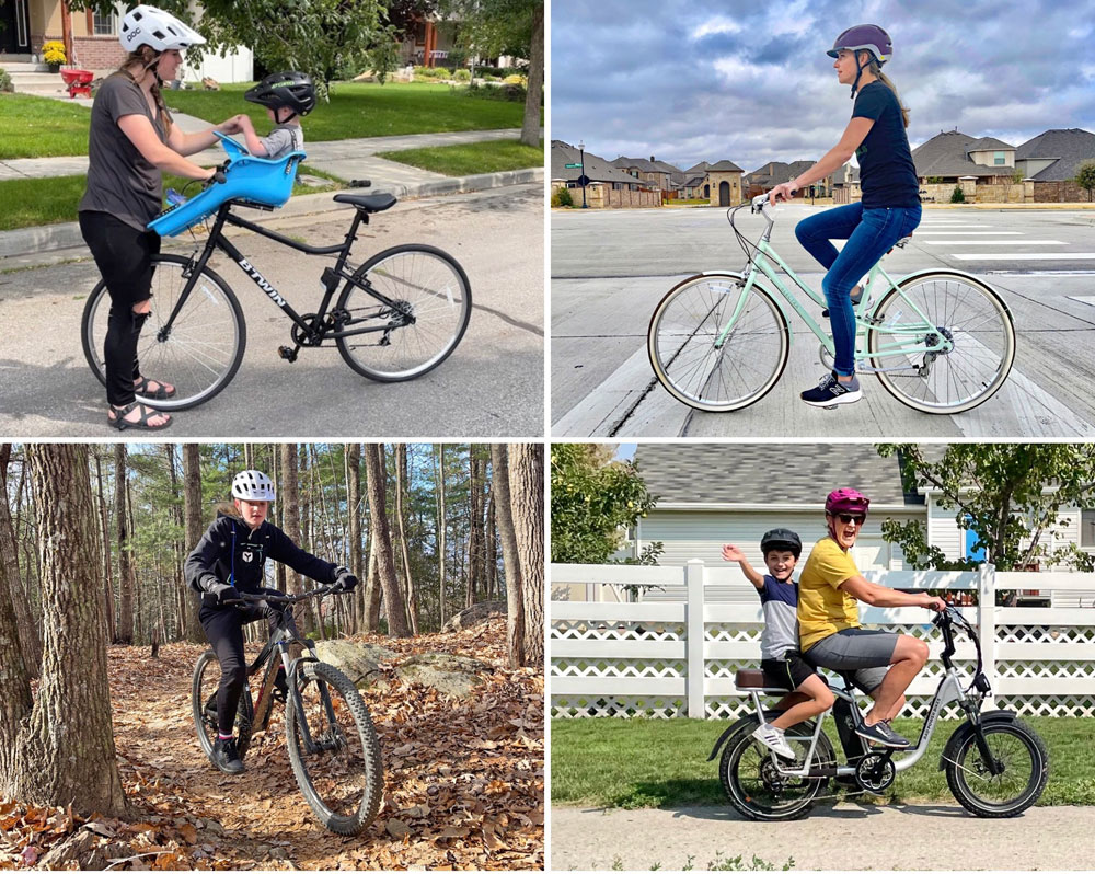 Four different women riding womens bikes - hybrid, cruiser, mountain, and e-bike