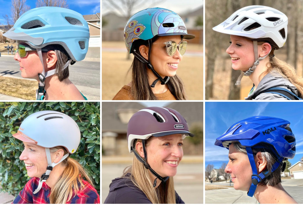 Collage of six women wearing different styles of women bike helmets - commuter, mountain bike, and road.