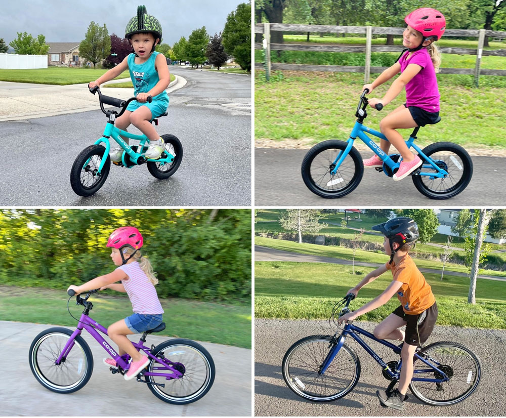 Collage of the four REI REV kids bikes. Sizes 12", 16", 20", and 24".