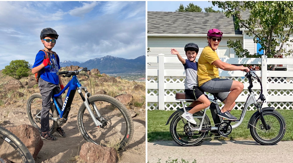 Collage showing child on 24" ebike for kids, and a mom riding an ebike with her child on the back