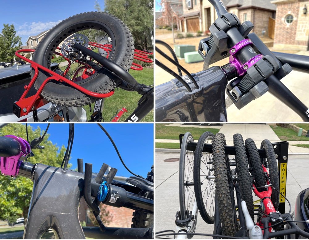 Collage showing different styles of vertical hitch bike racks