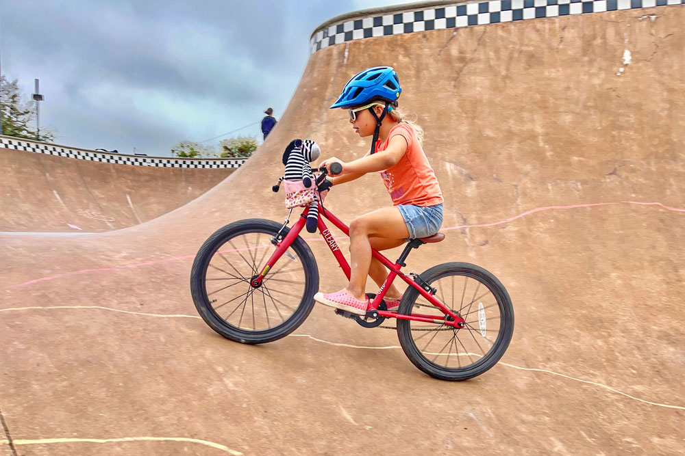 5 year old child riding Cleary Owl single speed 20" kids bike at the skatepark