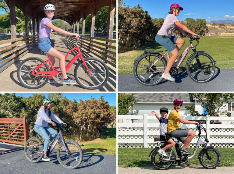 Collage showing four women riding four different ebikes for women