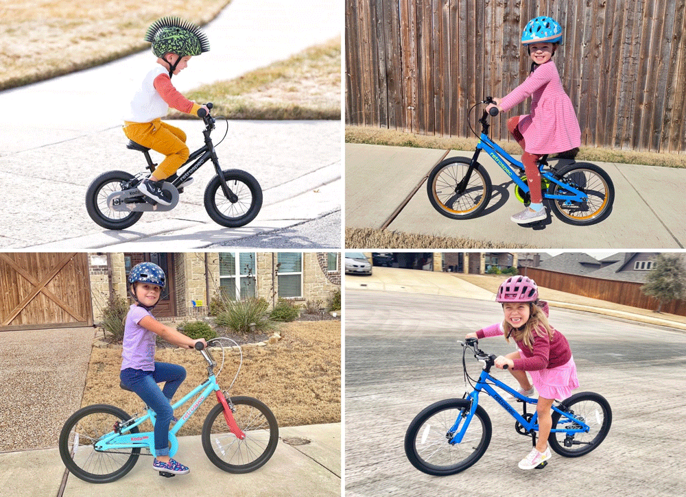 Collage of kids riding 12", 16" and 20" models of the Retrospec Koda 2 Plus kids bikes