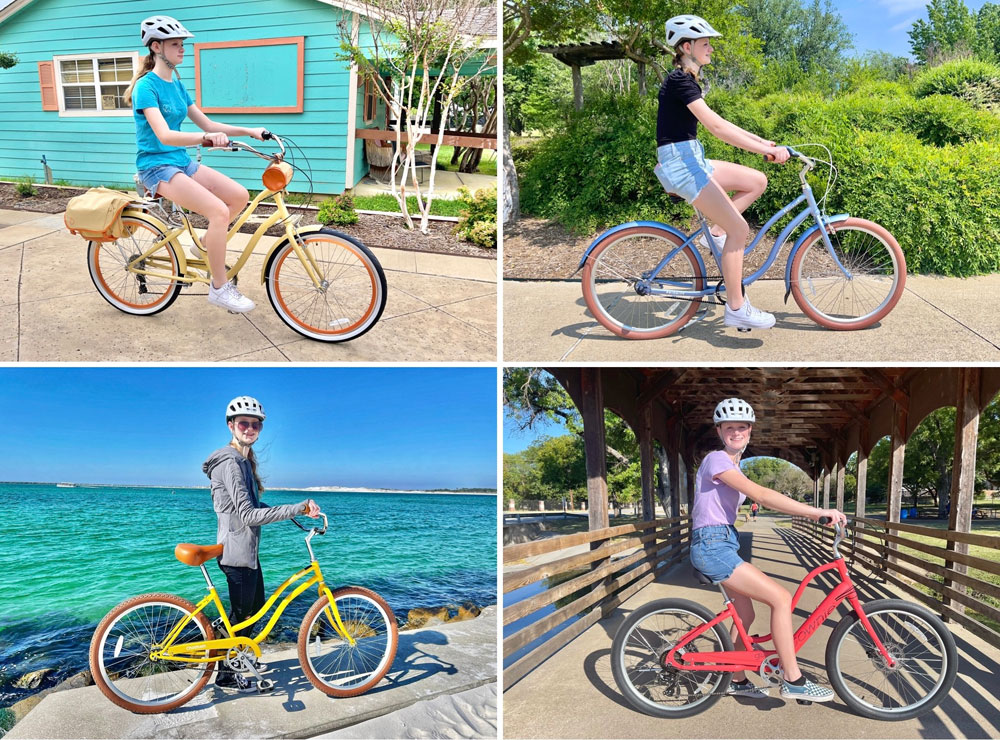 Collage of beach cruisers from different brands - SixThreeZero EVRYjourney, Priority Coast, Retrospec Chatham, and Electra Townie Go! 7D