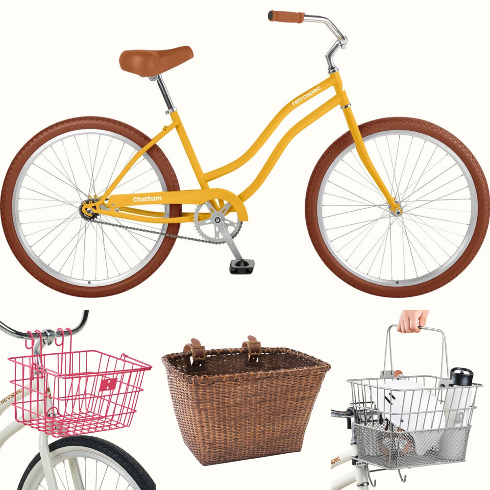 Retrospec Chatham beach cruiser bike in yellow, and bike basket accessory options.