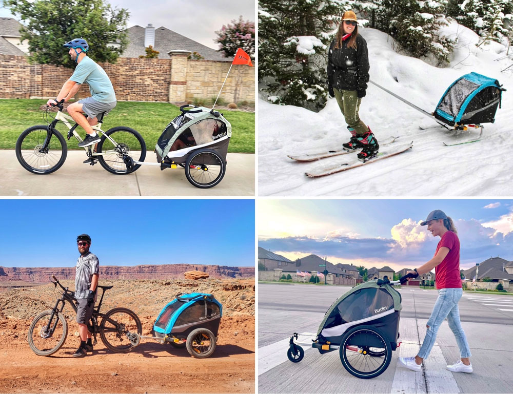 Collage showing Burley D'Lite X as a trailer, ski stroller, standard stroller, and with fat tires for bike packing