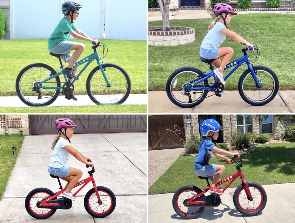 Collage of Radio Flyer FLYER pedal bikes in 16", 20", and 24" sizes