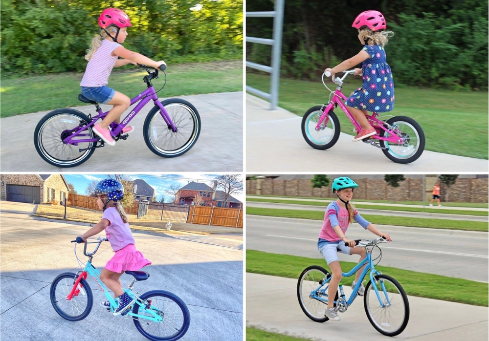 collage showing four girls riding bikes in girl colors - purple, pink, aqua