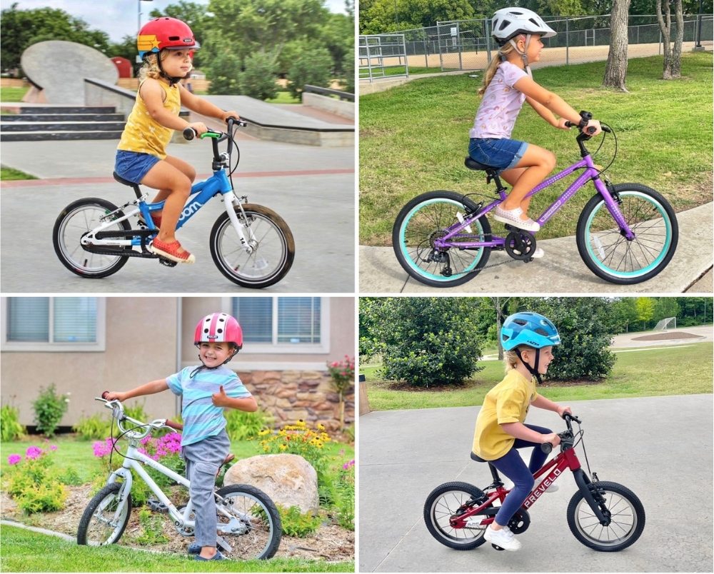 Collage of four of the best kids bike brands - woom, Guardian, Priority, and Prevelo