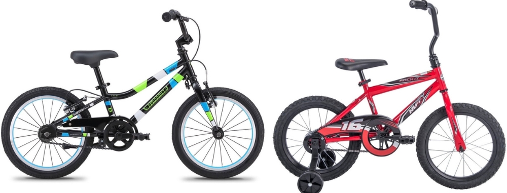 Side by side image of a well designed kids bike and a cheap kids bike