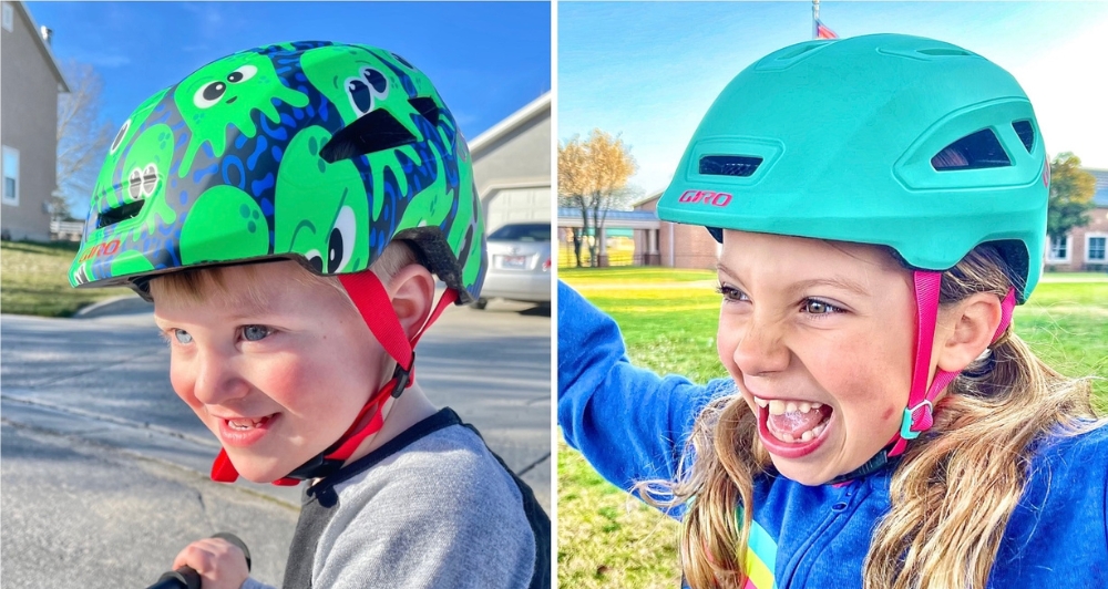 Collage showing a toddler wearing the Giro Scamp II XS and a 6 year old wearing the Giro Scamp II small